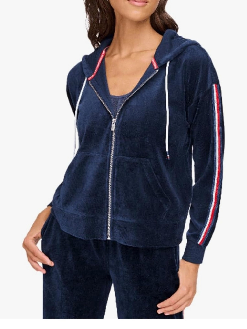 Tommy Hilfiger Navy Velour Zip Hoodie with Red & White Sleeve Stripes